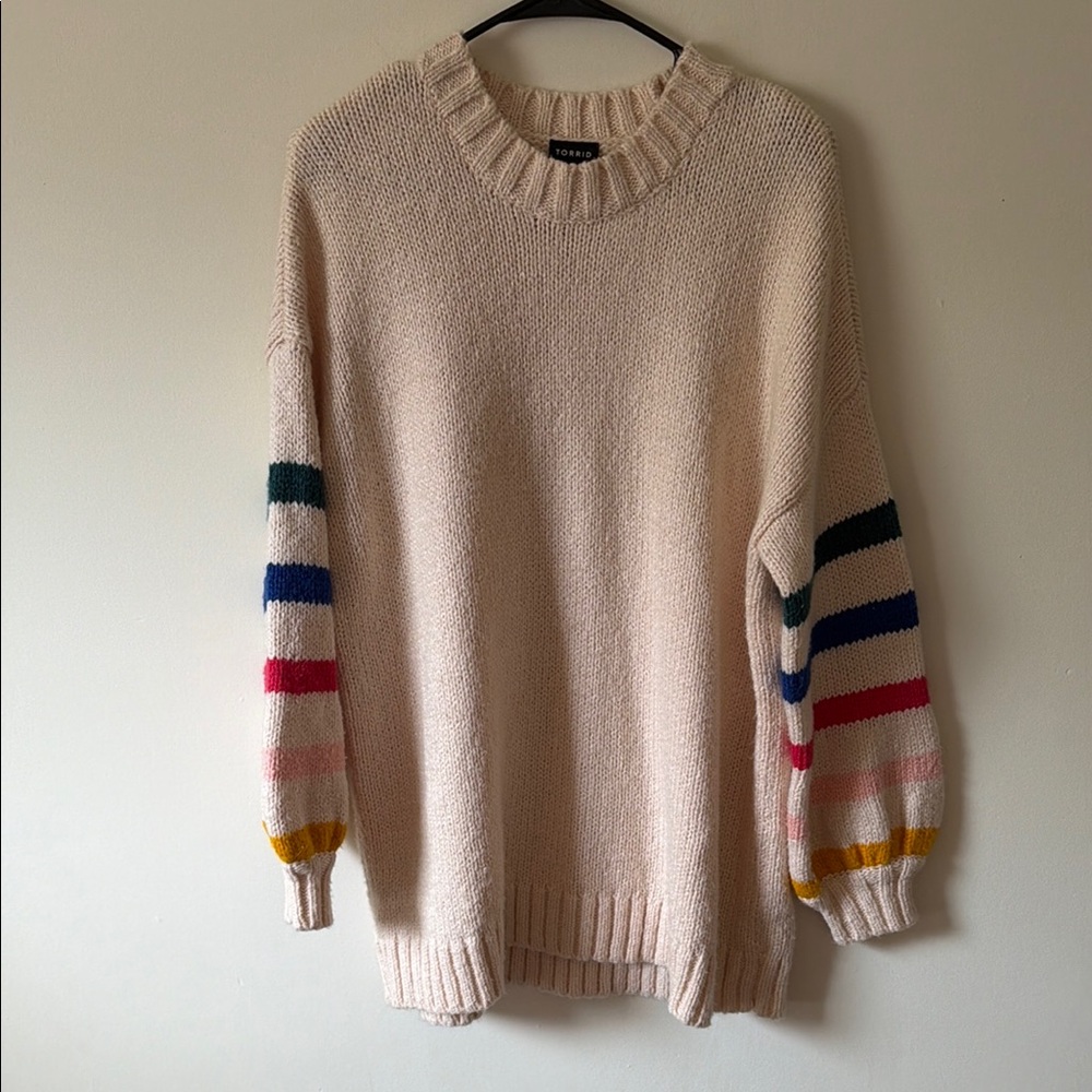 torrid Cream Crewneck Sweater with Multicolor Striped Sleeves